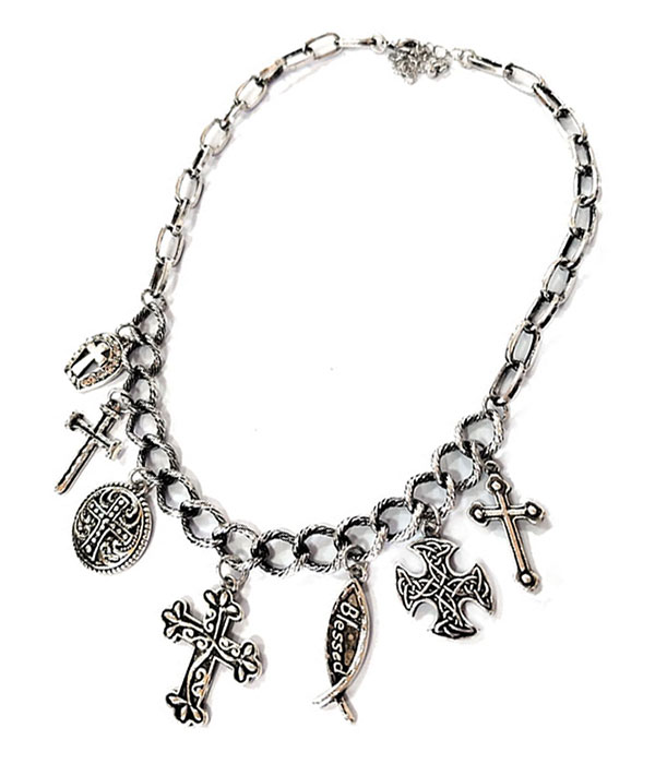 Antique silver multi cross charm necklace