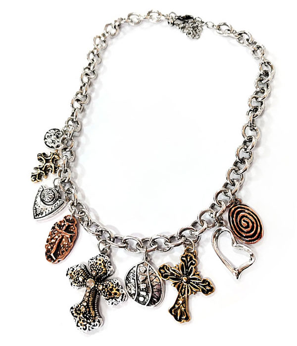 Antique silver multi cross charm necklace