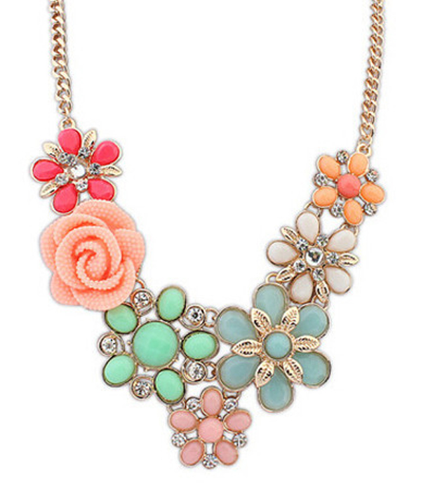 Crystal and acryl flower link bib necklace