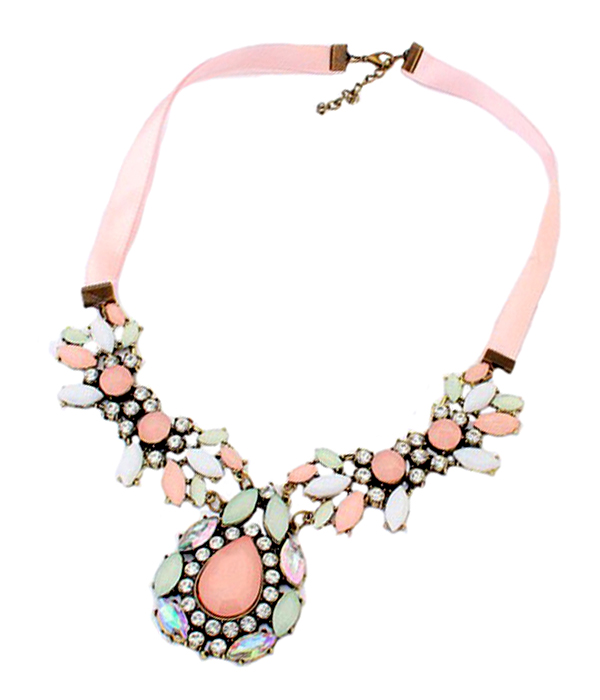 Crystal and acryl flower ribbon tied necklace