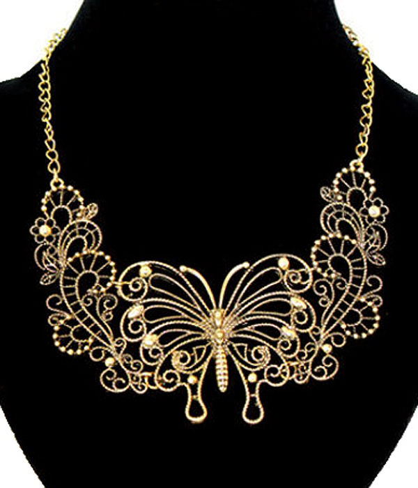 Retro vintage  filligree metal butterfly bib necklace