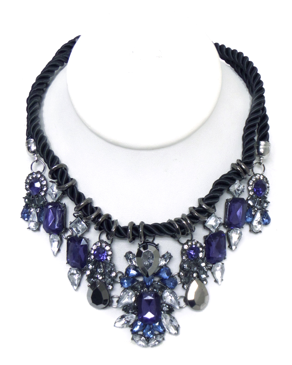 Multi crystal and glass tear drop bib necklace