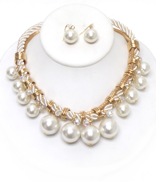 Multi pearl dangle rope chain necklace set