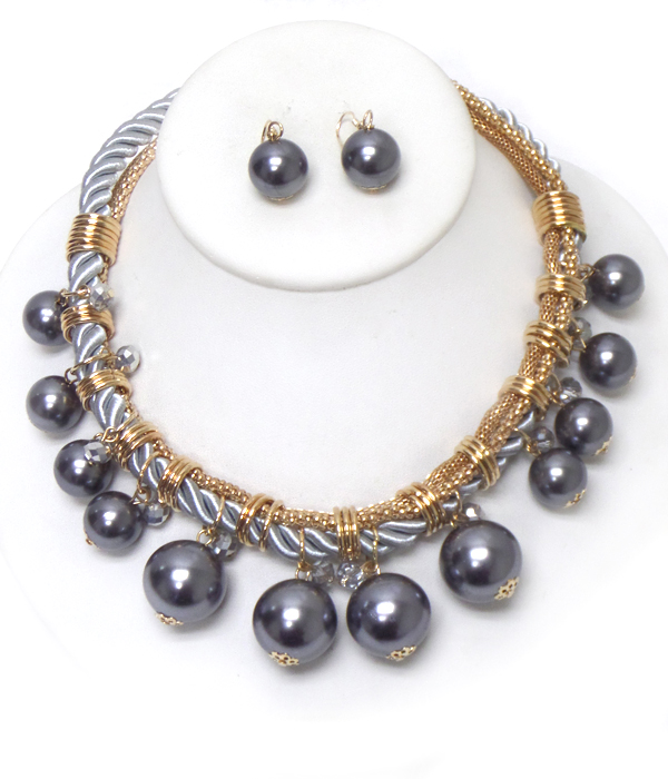 Multi pearl dangle rope chain necklace set