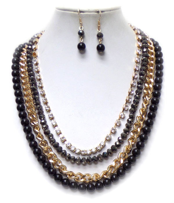 Multi layer crystal and pearl mix chain drop necklace set