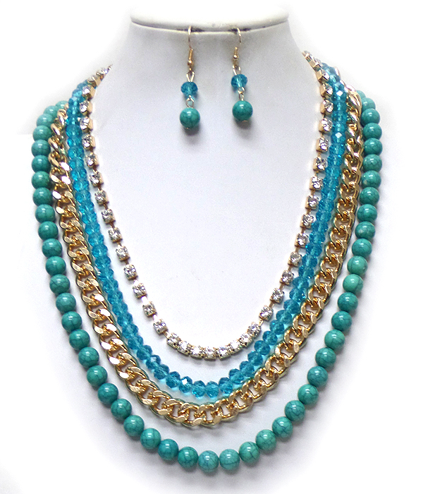 Multi layer crystal and pearl mix chain drop necklace set