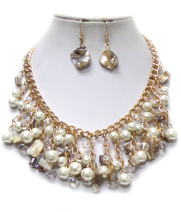 Multi pearl and shell chip drop necklace set