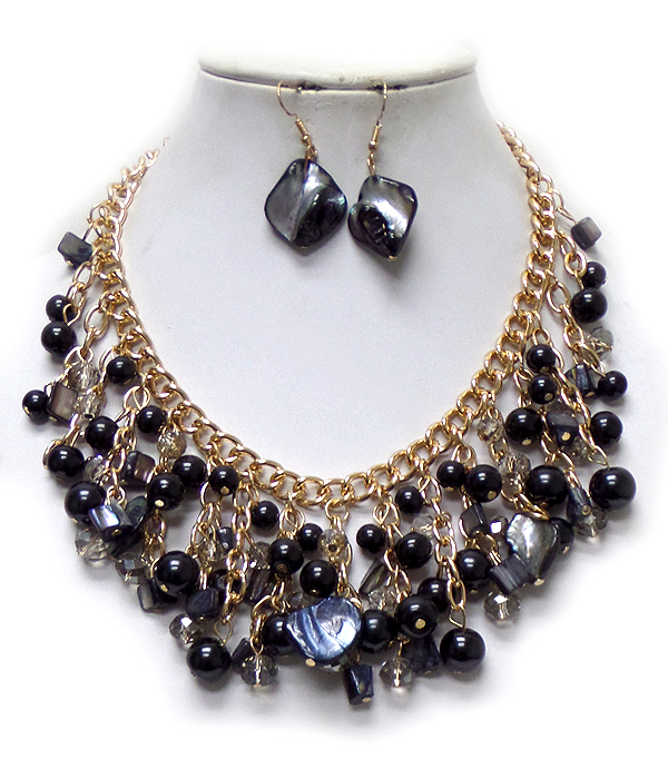 Multi pearl and shell chip drop necklace set