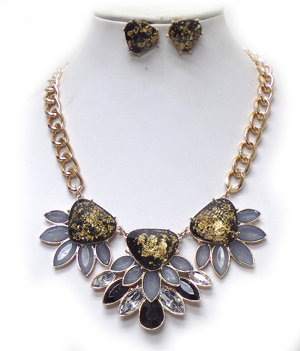 Gold flake stone link necklace set