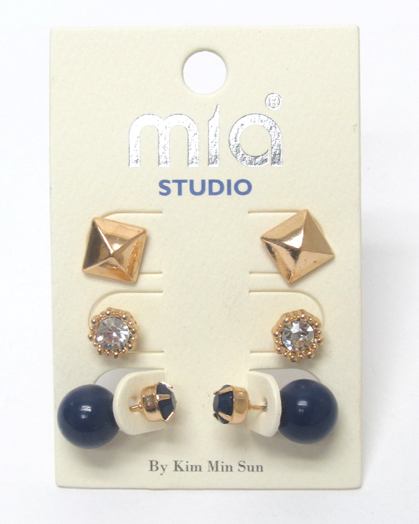 CRYSTAL AND DOUBLE SIDED MIX 3 PAIR EARRING SET