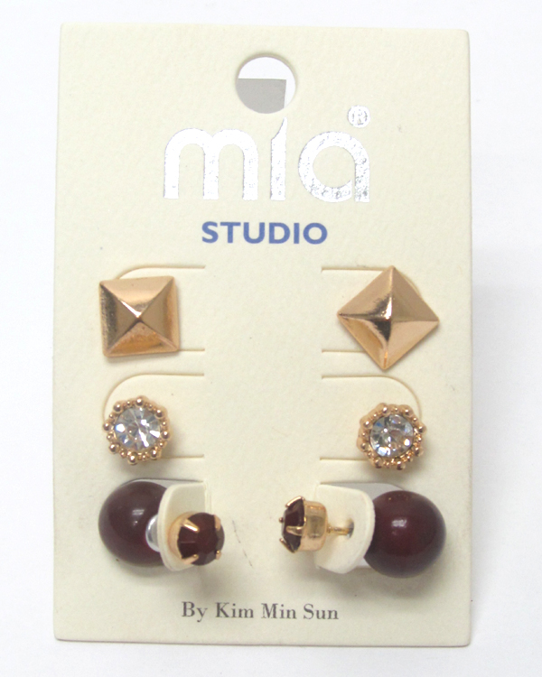 Crystal and double sided mix 3 pair earring set