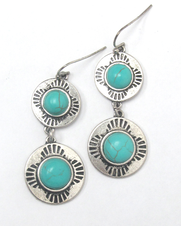 Double turquoise metal disk drop earring