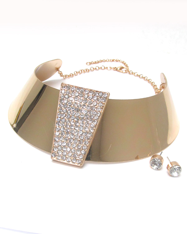 Crystal stud thick metal choker necklace set