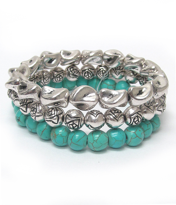 Turquoise and metal ball 3 set of stretch bracelet
