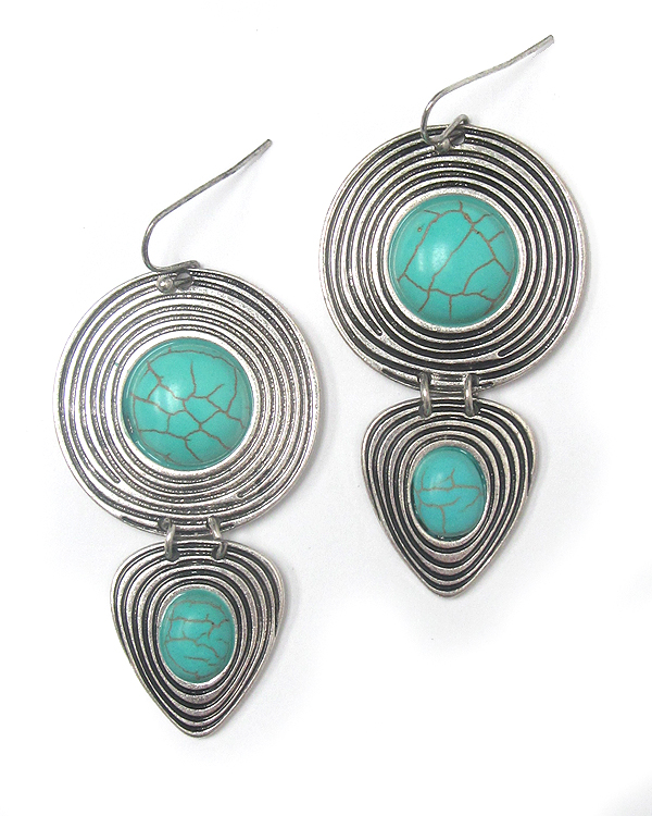 Turquoise center textured metal disk drop earring