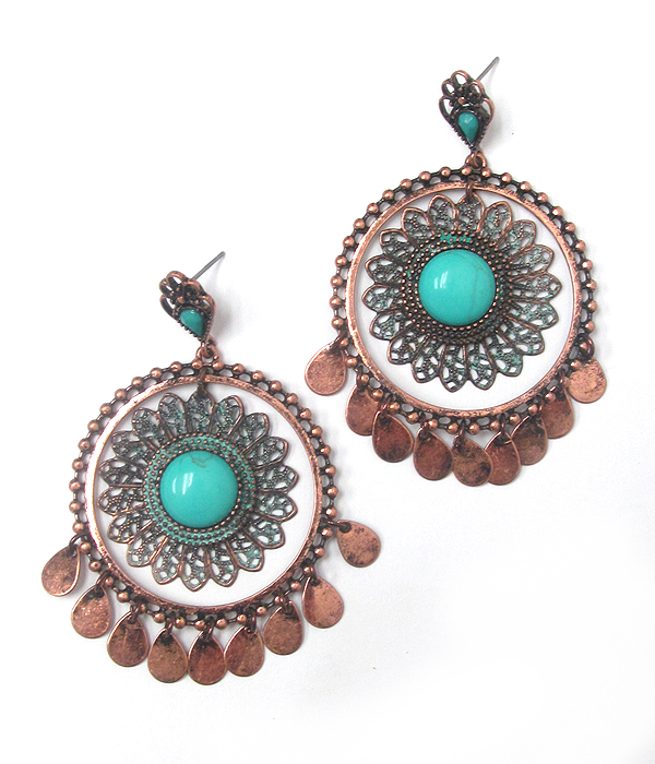 Metal filigree hoop and teardrop dangle earring