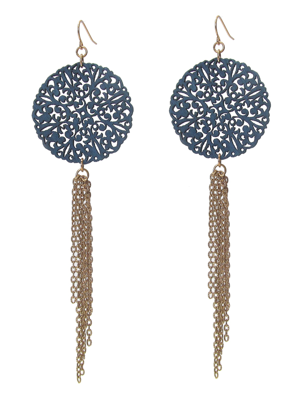 Wood filigree and chain tassel drop earring