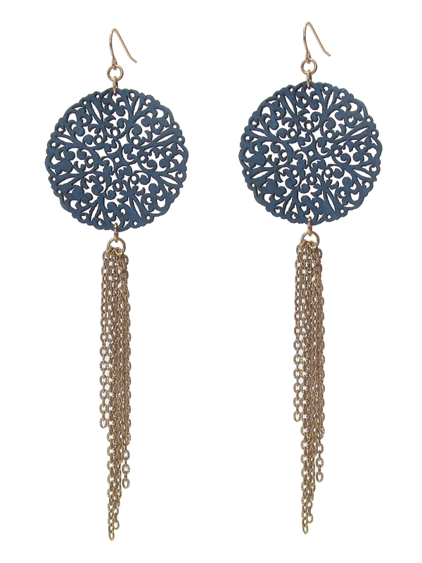 WOOD FILIGREE AND CHAIN TASSEL DROP EARRING