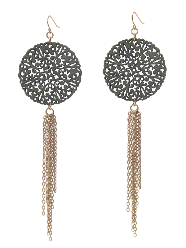 Wood filigree and chain tassel drop earring