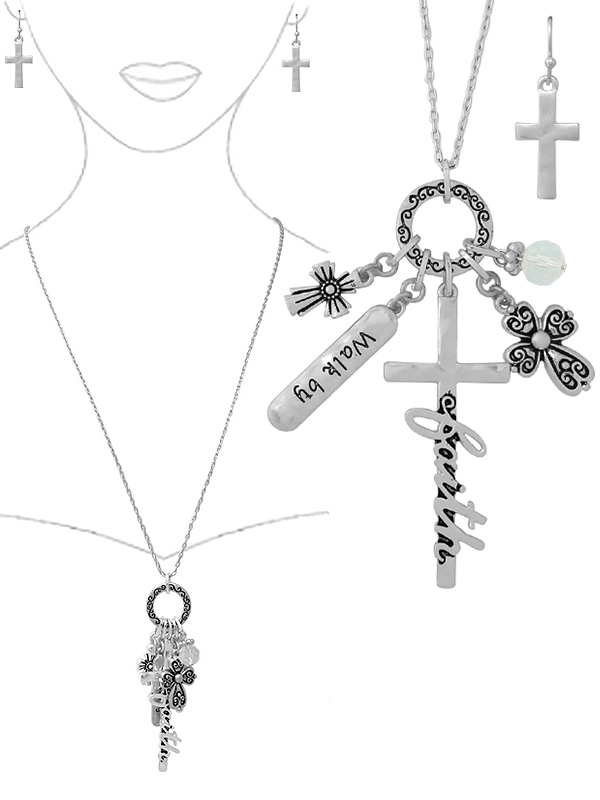 Religious inspired multi charm pendant necklace set - walk by faith
