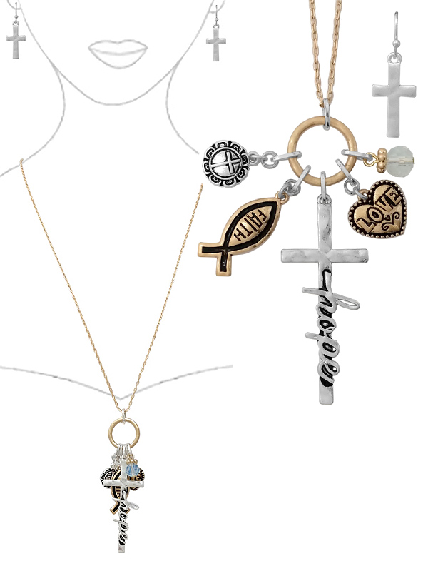 Religious inspired multi charm pendant necklace set - love hope faith