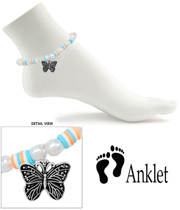 GARDEN THEME MULTI PEARL AND BEAD MIX ANKLET - BUTTERFLY