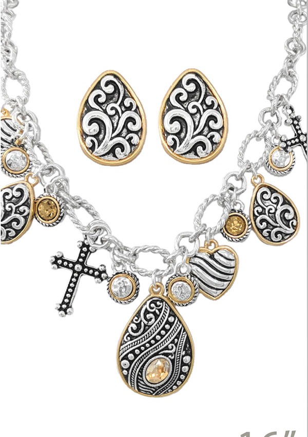 Metal filigree multi charm necklace set - teardrop