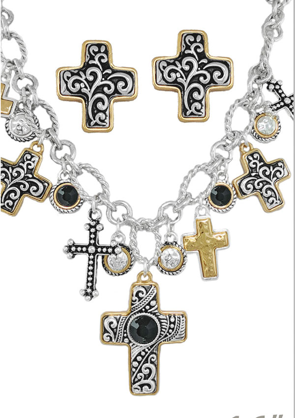 Metal filigree multi charm necklace set - cross