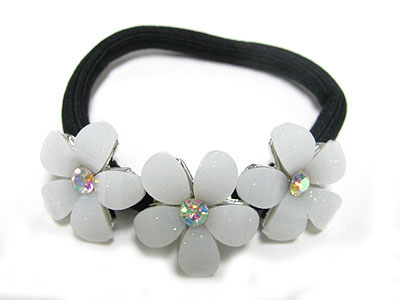 Crystal and glass three flower ponytail holder
