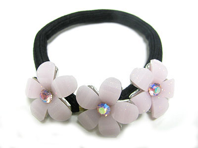 Crystal and glass three flower ponytail holder