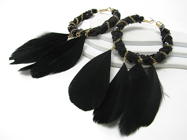 Feather dangle sequins hoop earring - hoops
