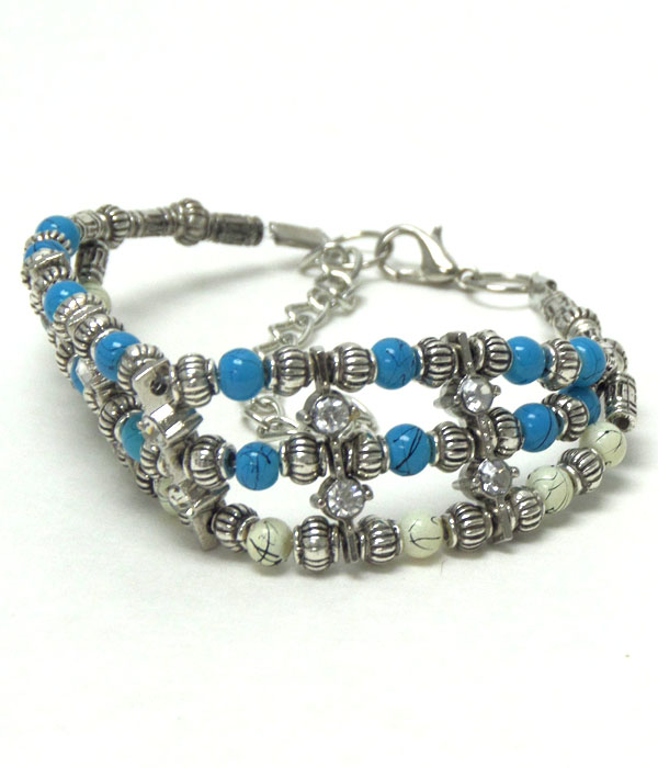 Multi ball stone mix 3 layer bohemian style bracelet