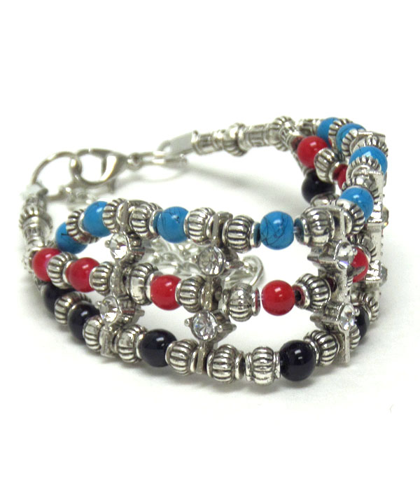 Multi ball stone mix 3 layer bohemian style bracelet