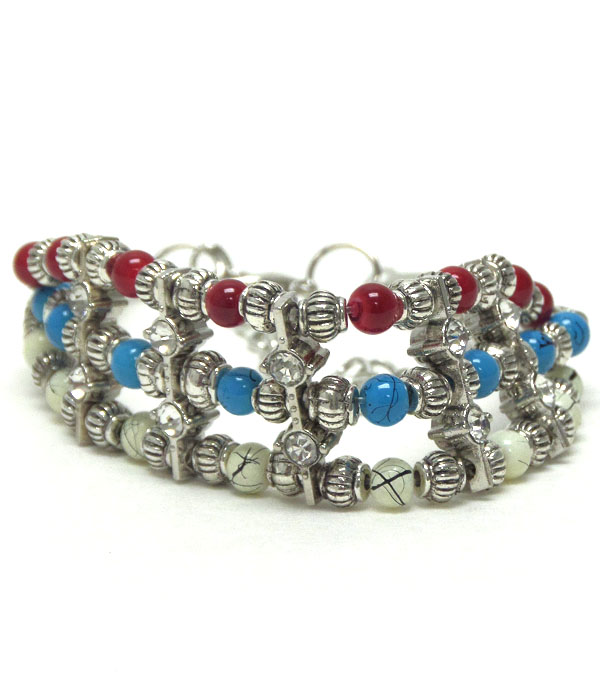 Multi ball stone mix 3 layer bohemian style bracelet