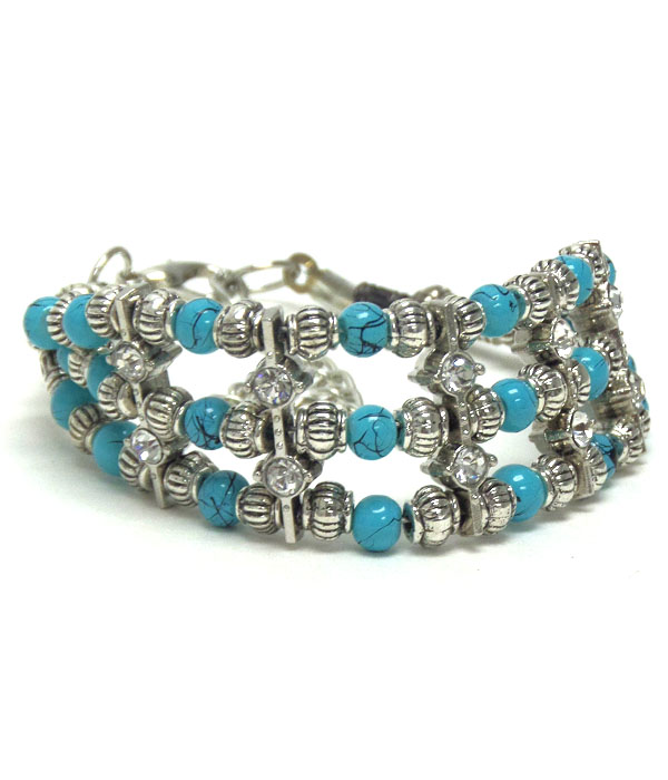 Multi ball stone mix 3 layer bohemian style bracelet