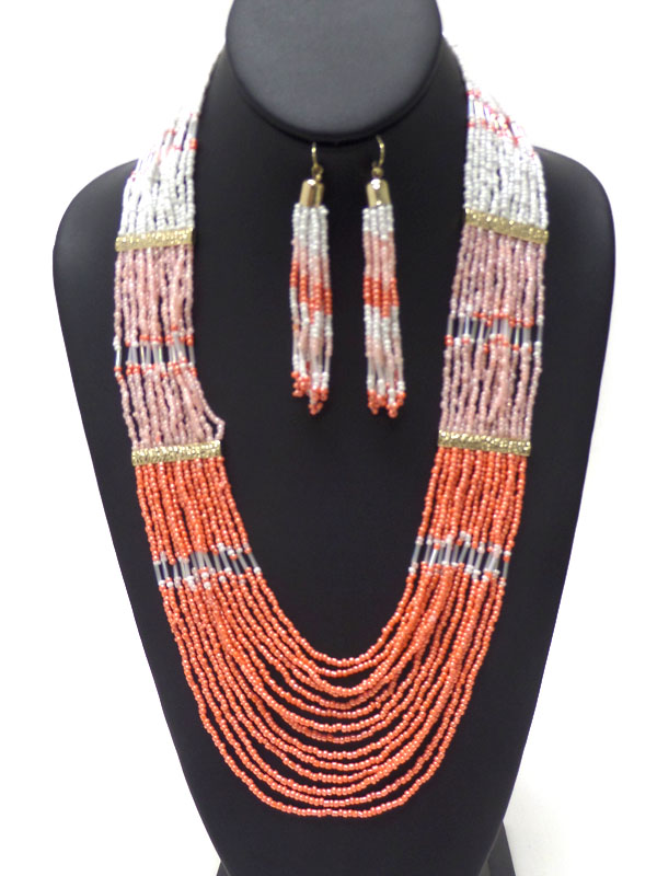 Multi seed beads chain mix necklace earring set