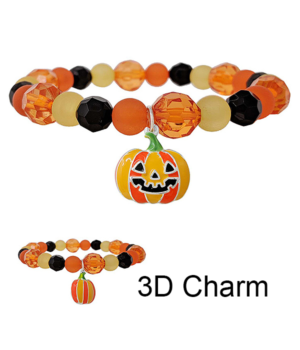 Halloween theme epoxy 3d pumpkin charm stretch bracelet