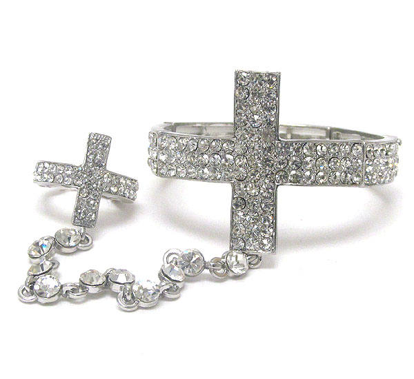 Crystal deco cross stretch bracelet and ring set