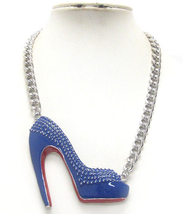 Epoxy and spike deco large high heel pendant and chain necklace