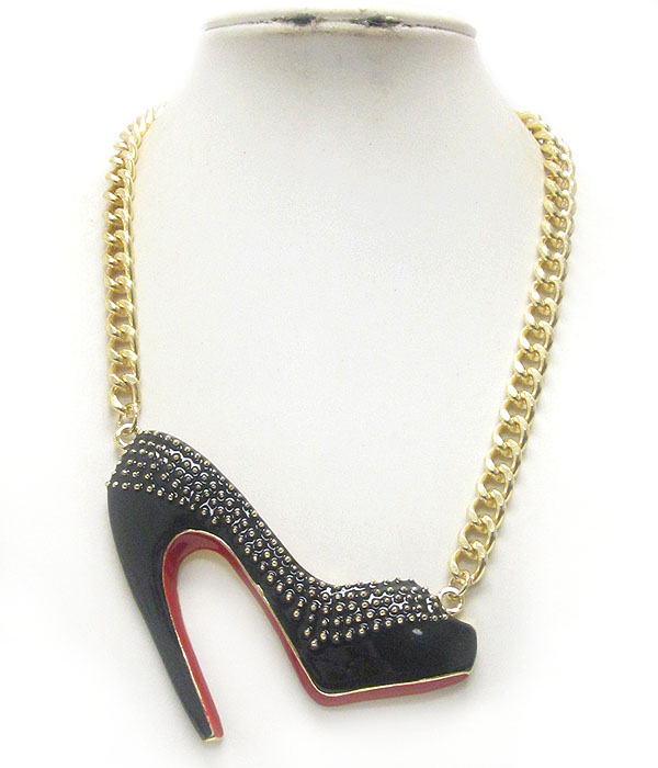 Epoxy and spike deco large high heel pendant and chain necklace