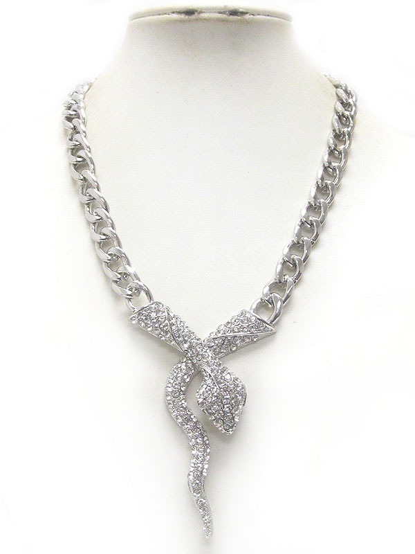 Crystal deco snake head and thick metal chain necklace