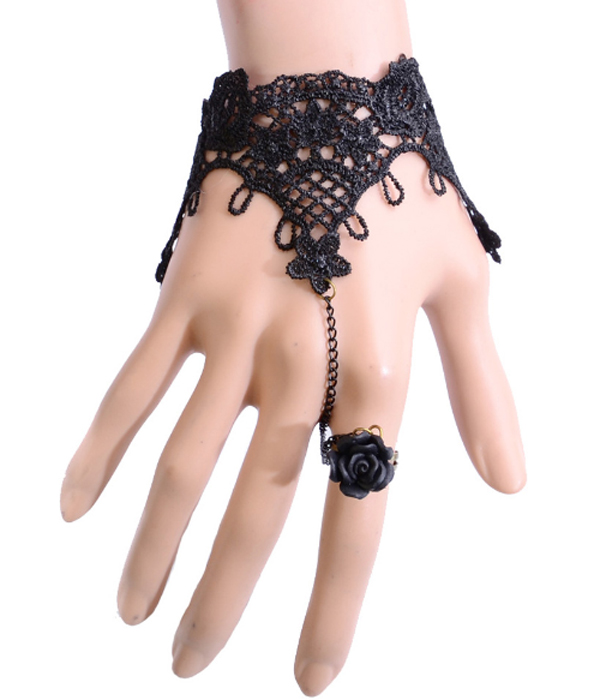 Rose slave ring and lace steampunk bracelet set