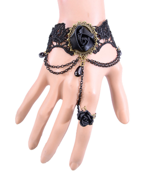 Rose slave ring and lace steampunk bracelet set