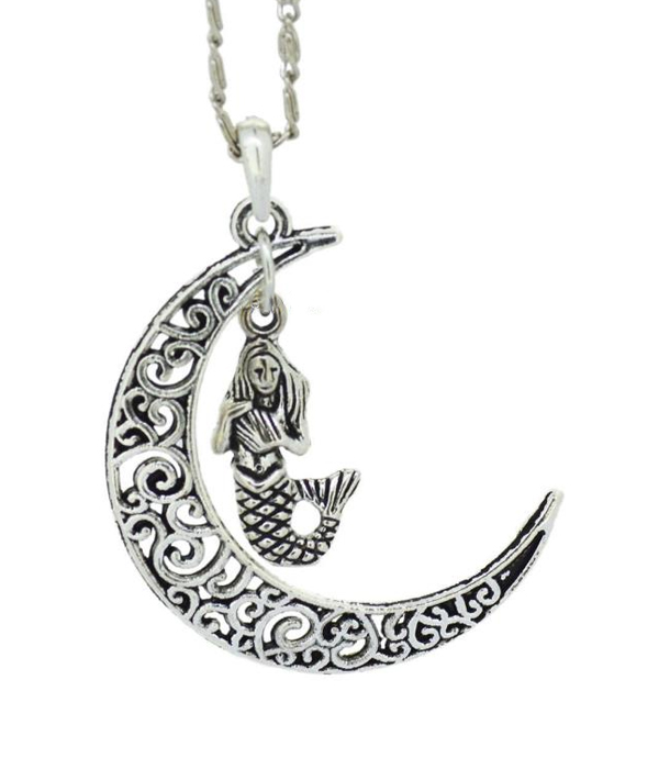 Metal filigree moon and mermaid pendant necklace
