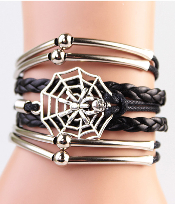Spider multi row leather wrap bracelet