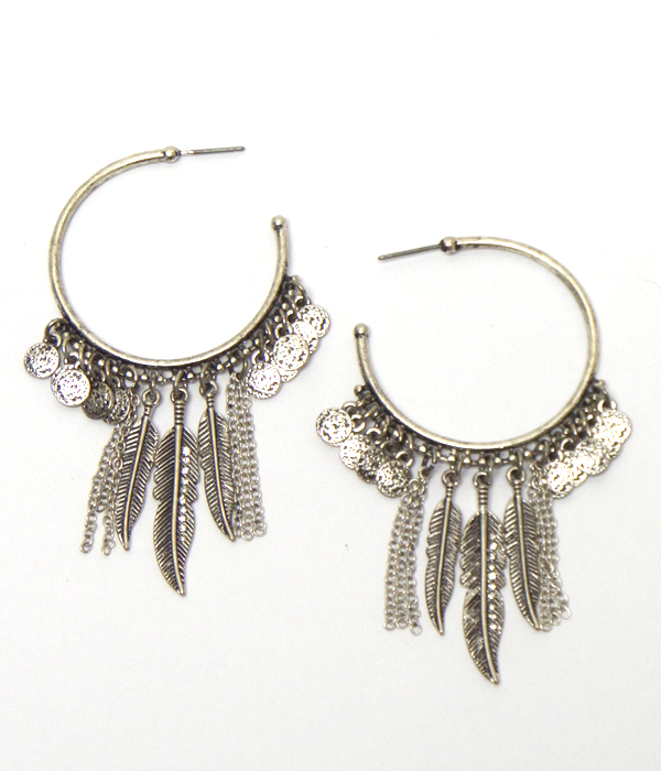 Round hoop feather and tassel drop earrings