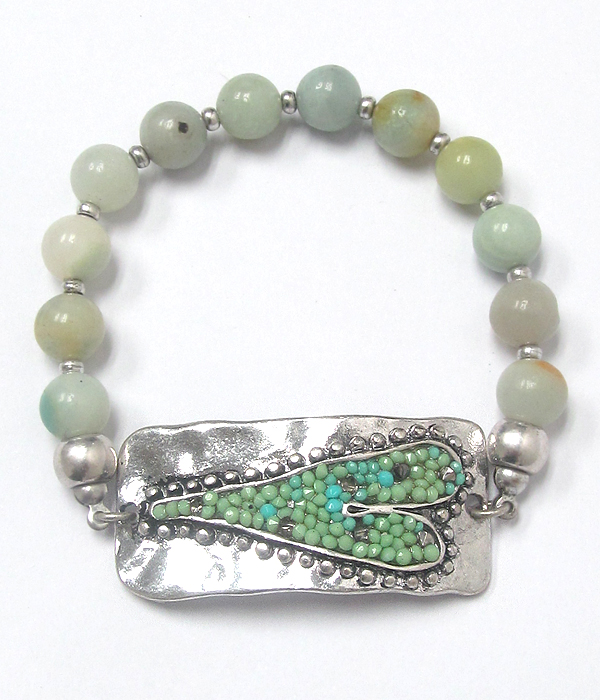Seedbead heart and ball stone stretch bracelet