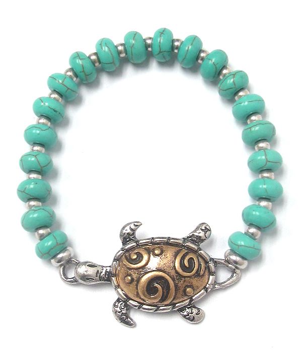 Textured turtle and turquoise stretch bracelet