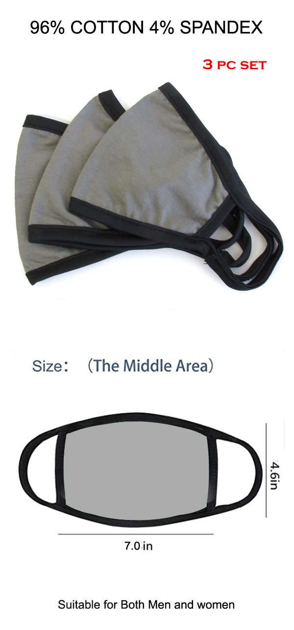 Unisex gray color washable reusable breathable cotton face mask - cotton 96% spandex 4% (3 pc set)