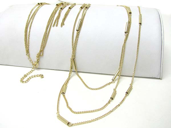 Multi metal tube and chain long necklace earring set 